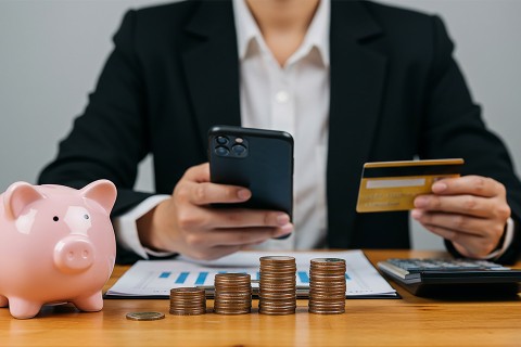 Mann mit Smartphone, Bankomatkarte, Sparschwein und Münzen