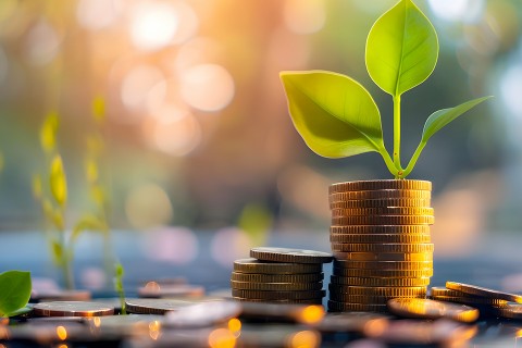 Pflanze wächst aus Münzstapel